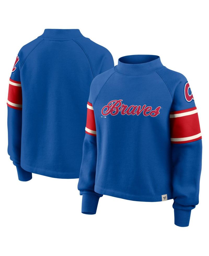 Women's Royal Atlanta Braves Oversized Toss Sweep Raglan Pullover Sweatshirt
