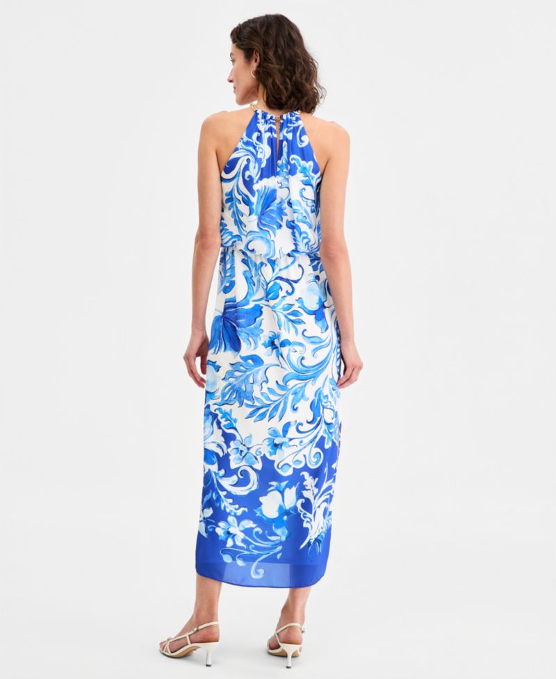 Women's Printed Halter Blouson Midi Dress