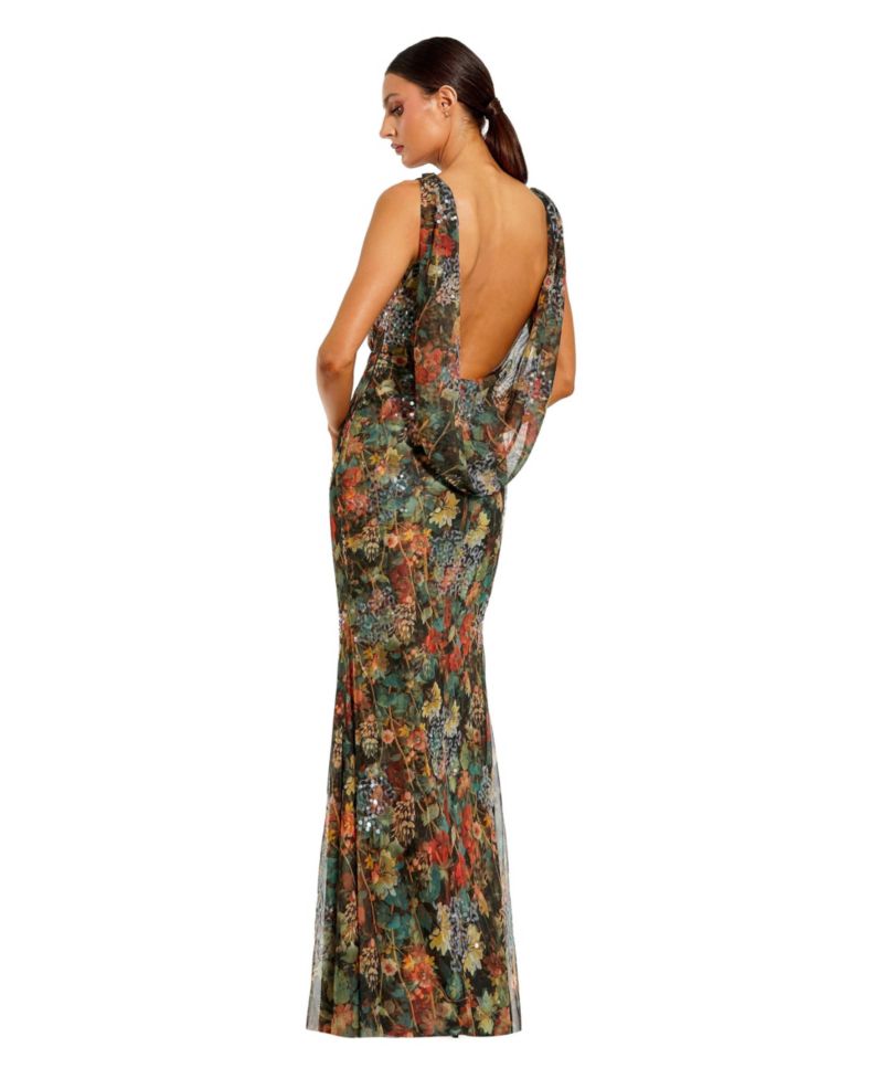Women's Sequin Floral Ruched Draped-Back Gown