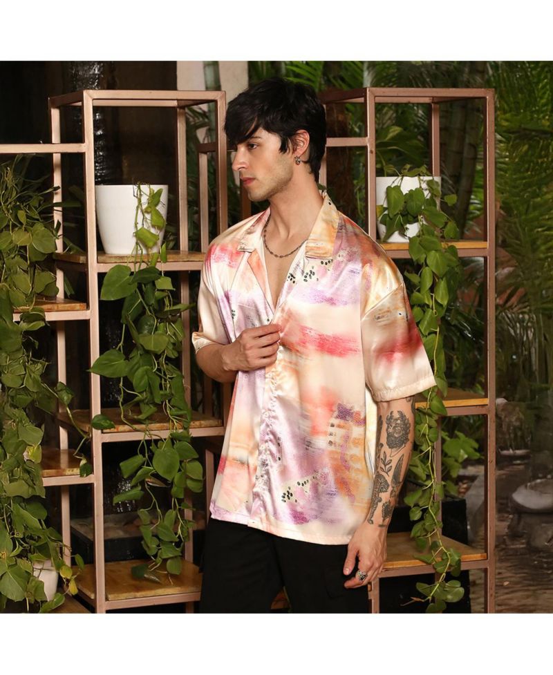 Men's Cantaloupe Orange & Amethyst Purple Abstract Sheen Oversized Shirt