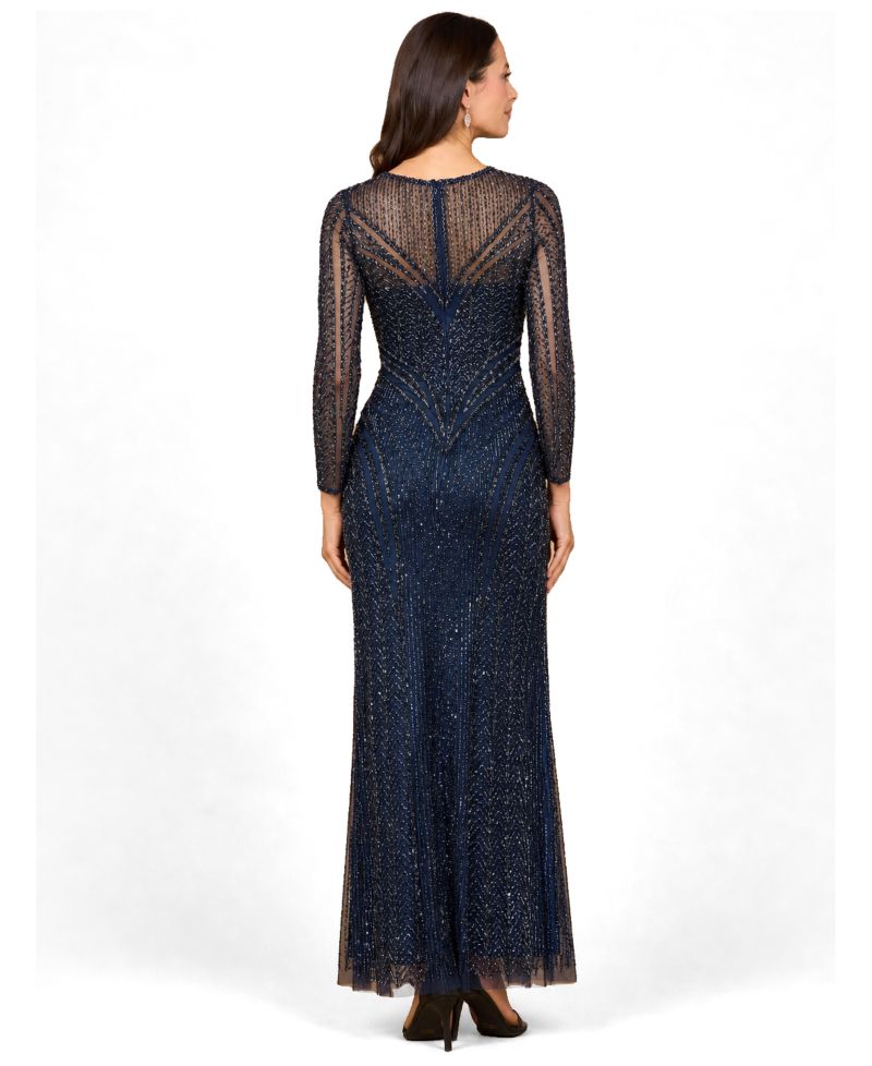 Women's Illusion Neck, Long Sleeve Beaded Gown