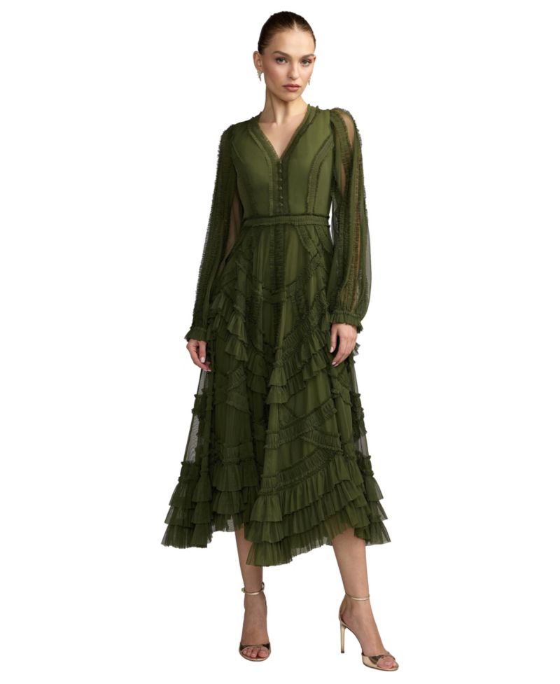 Women's V-Neck Mesh Micro Ruffle Midi Dress