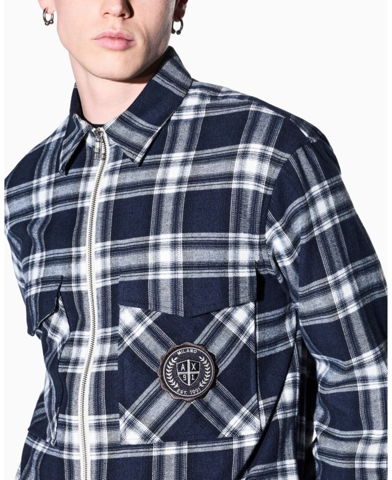Men's Crossover Plaid Cotton Shirt with Back Graphic