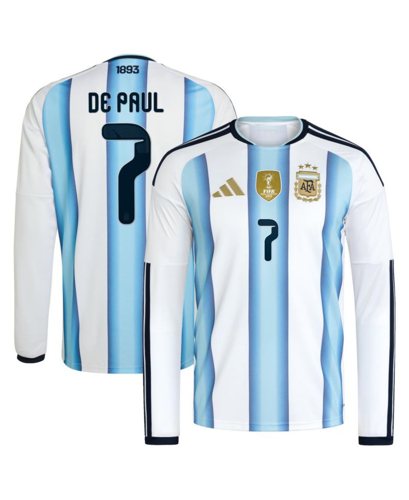 Men's Rodrigo De Paul White Argentina National Team 2026 Home Replica Long Sleeve Jersey