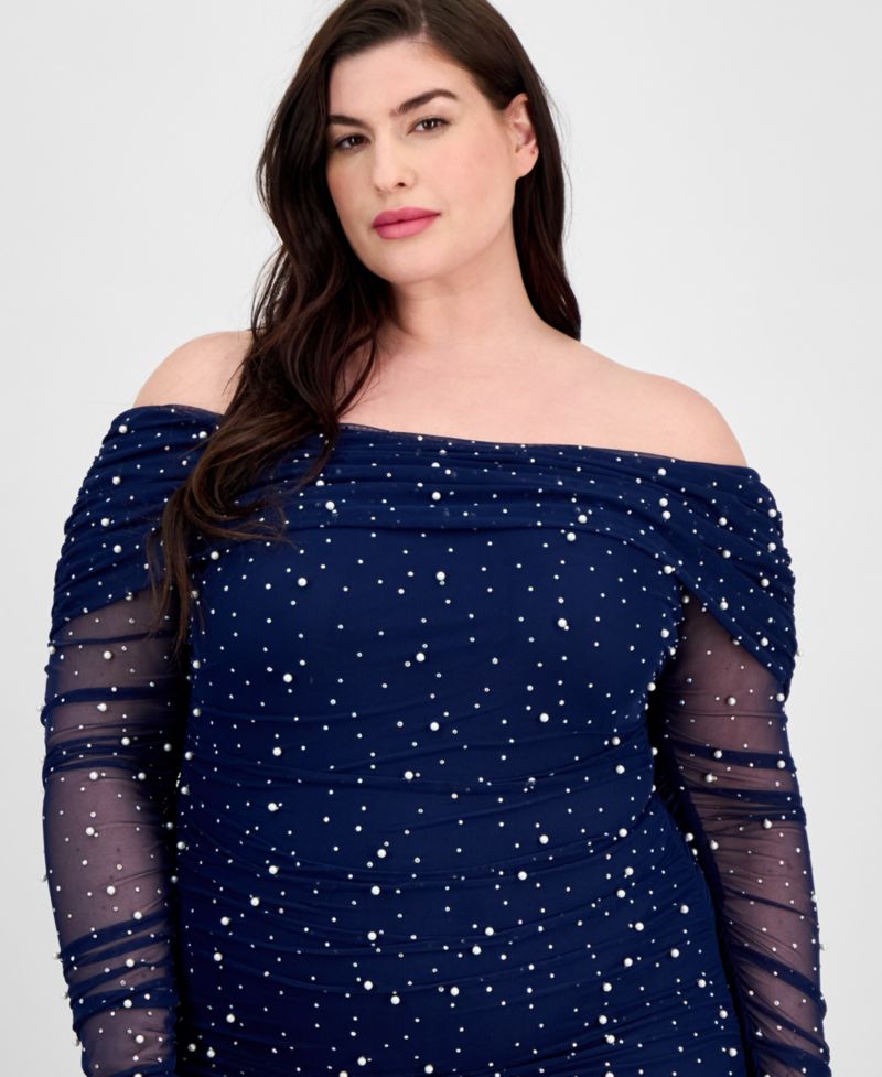 Trendy Plus Size Off-The-Shoulder Pearl Gown