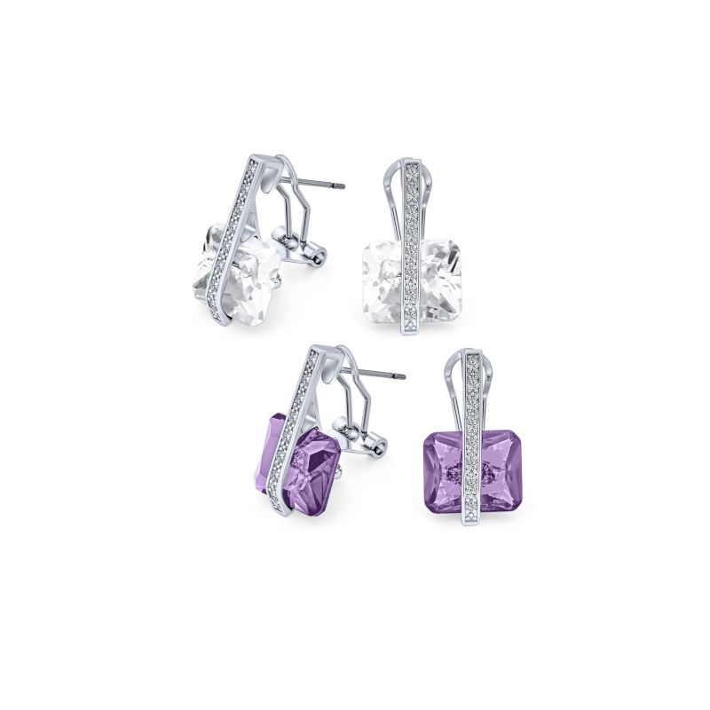 Art Deco Style Pink and Blue Rectangle CZ Drop Cocktail Earrings Silver