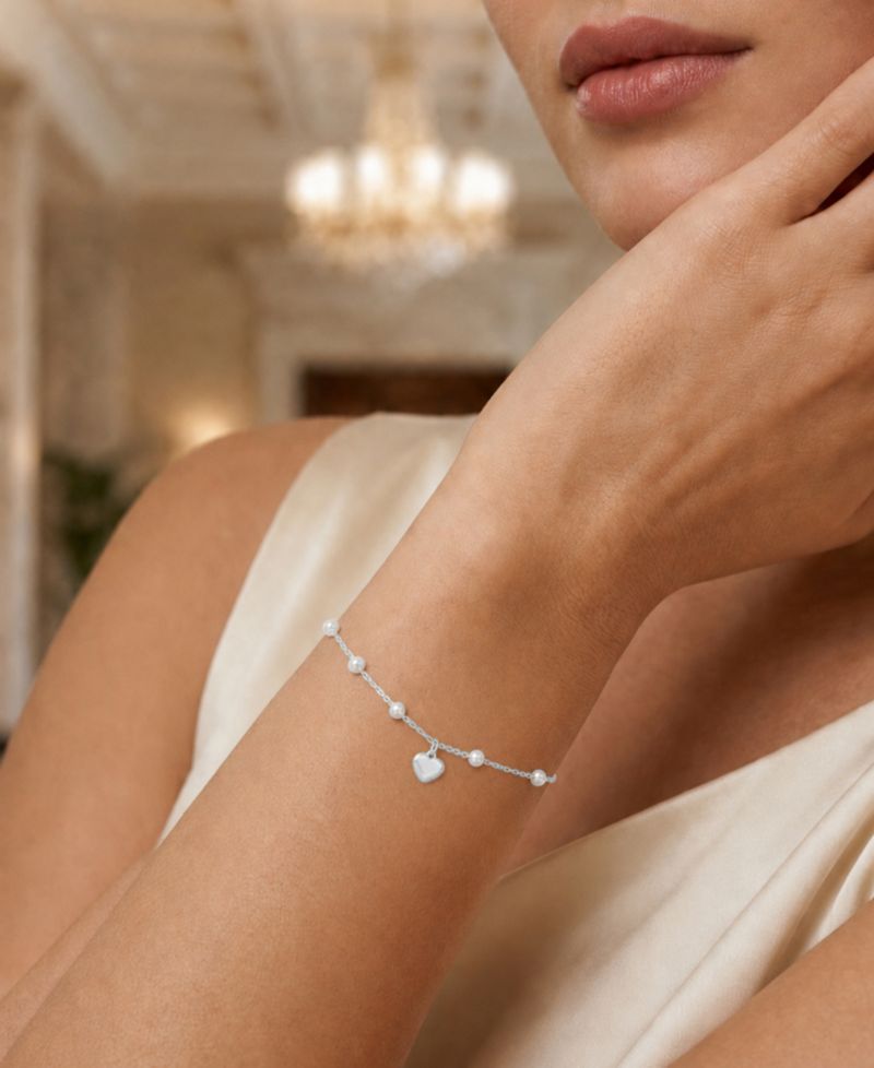 Rhodium Over Sterling Silver Cultured Pearl Station Bracelet