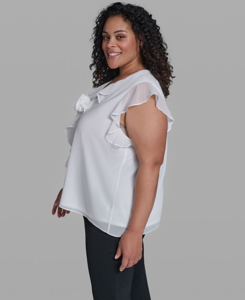 Plus Size Rosette V-Neck Ruffle Blouse Top