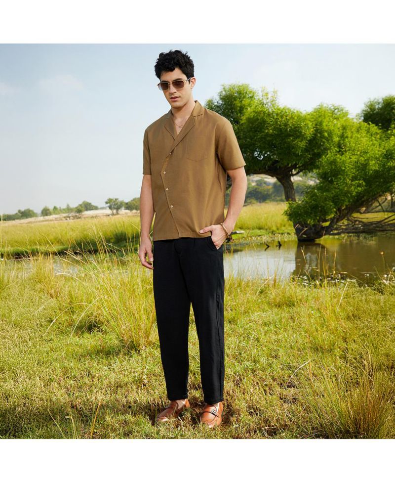Men's Camel Brown Asymmetrical Cuban Shirt