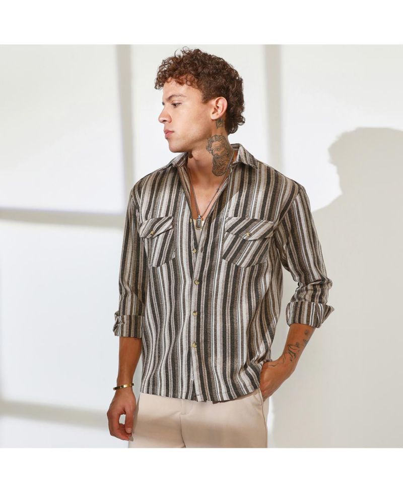 Men's Taupe Brown & Sepia Brown Multitrack Striped Oversized Shirt