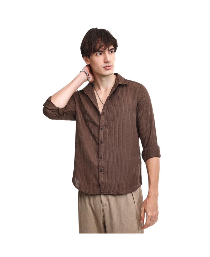 Men's Mocha Brown Self-Design Striped Shirt