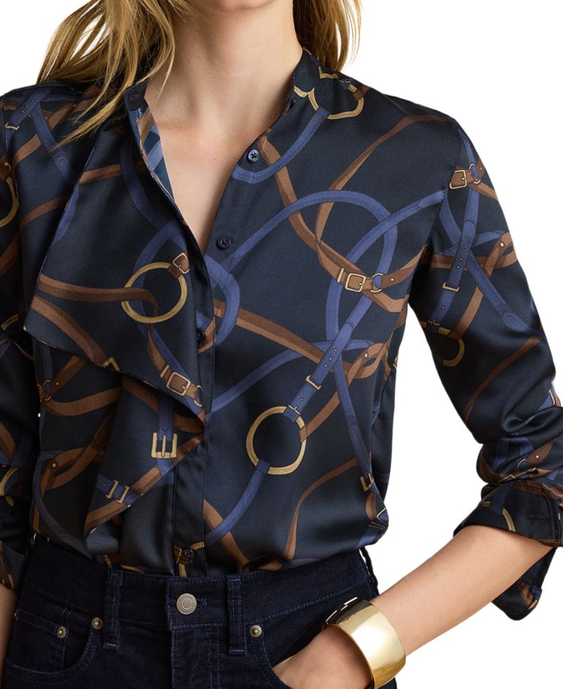 Petite Belting-Print Ruffle-Trim Twill Shirt