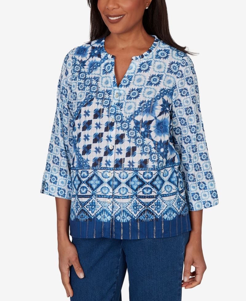 Petite Ikat Tie-Dye Patchwork Henley Top