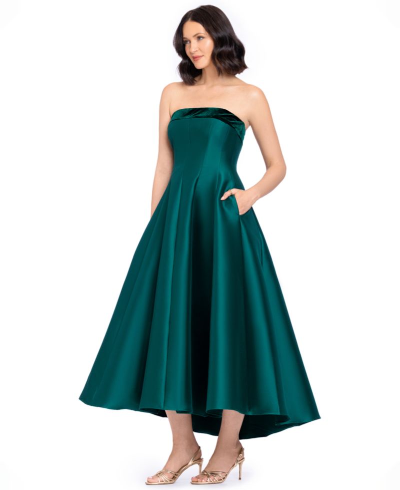 Women's Strapless Mikado With Velvet Stripe High Low Fit & Flare Dress