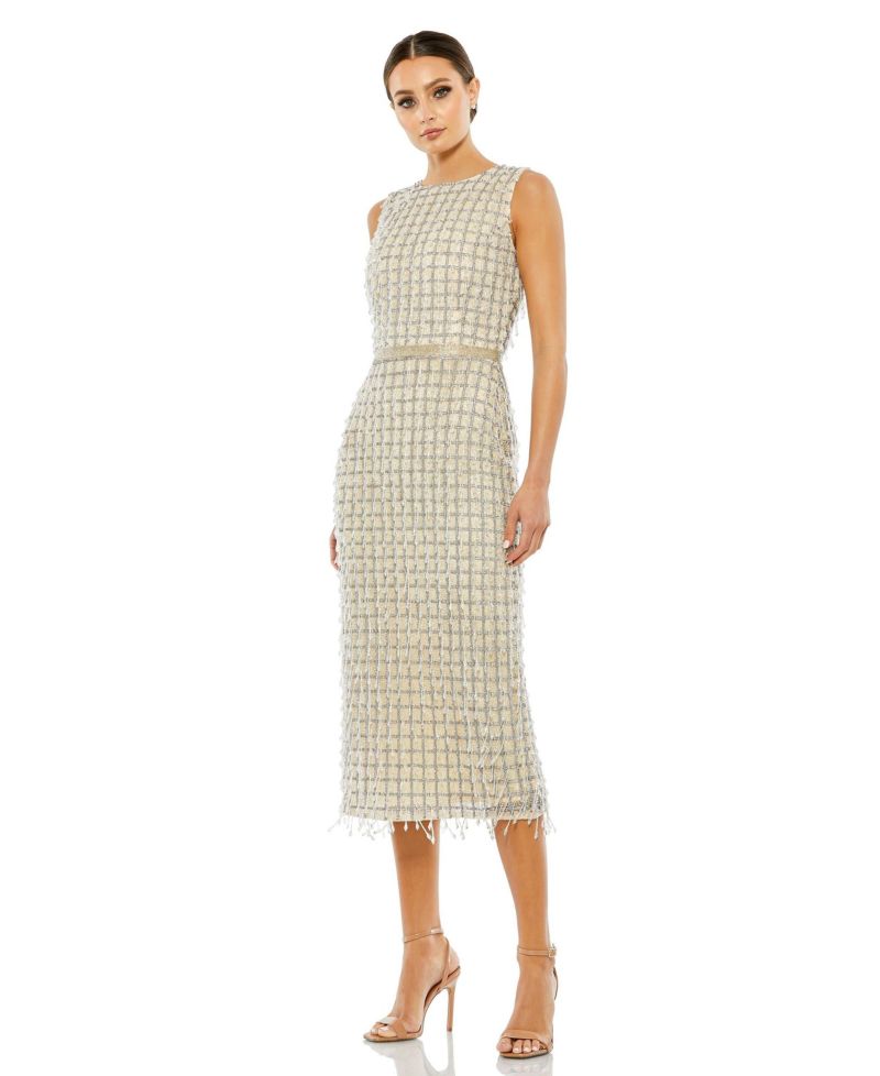 Women's Sleeveless High Neck Beaded Midi Sheath Dress