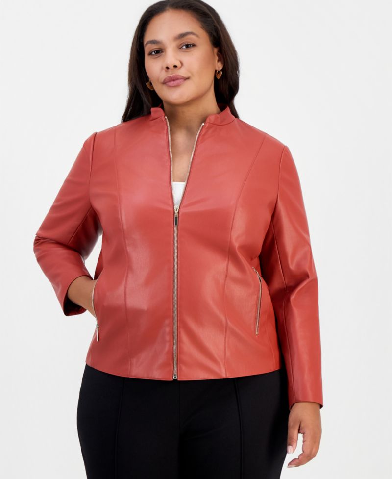 Plus Size Moto Zip-Up Collarless Jacket