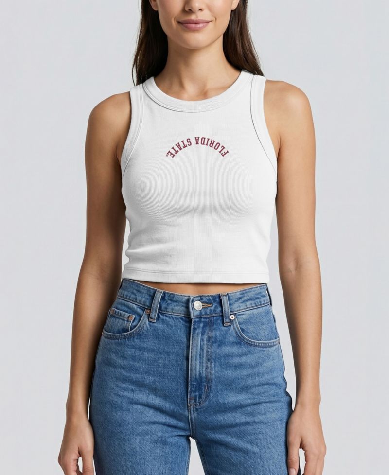 Women's White Florida State Seminoles Upside Down Embroidery Ribbed Cropped Tank Top