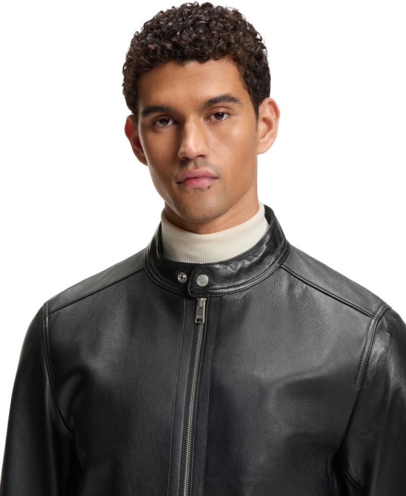 BOSS by Men's Grained-Leather Regular-Fit Motorcycle Jacket