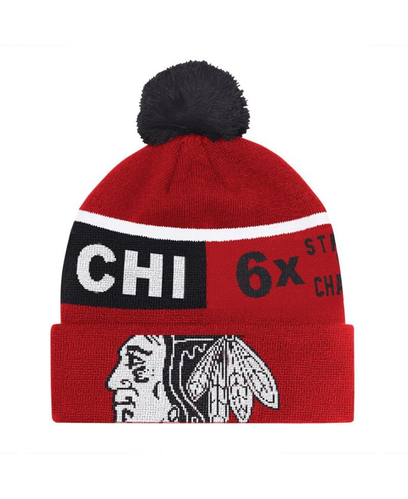 Men's Red Chicago Blackhawks Chyron Commemorative Cuffed with Pom Knit Hat