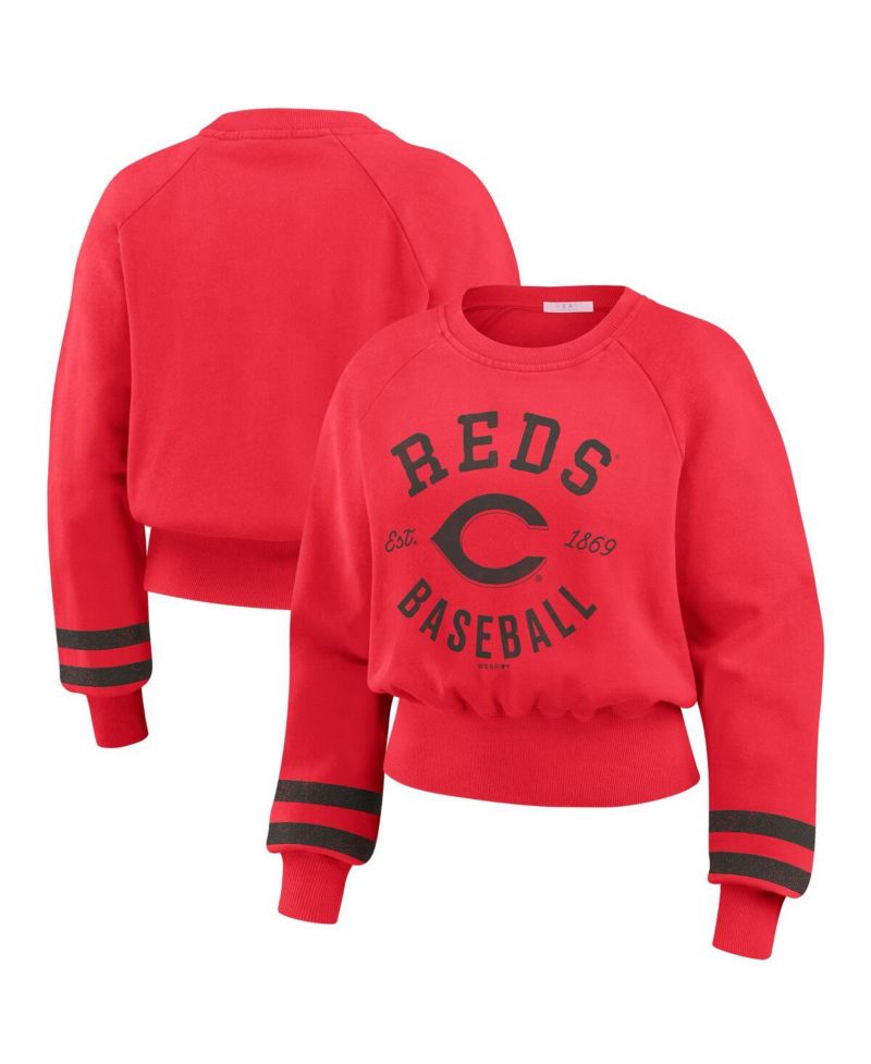 Women's Red Cincinnati Reds Vintage Washed Cropped Pullover Sweatshirt