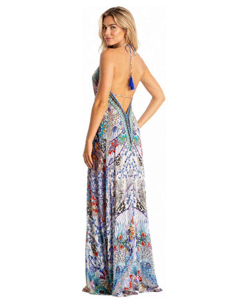 Women's Floral-and-Paisley Patchwork Plunge-Halter Open-Back Maxi Dress