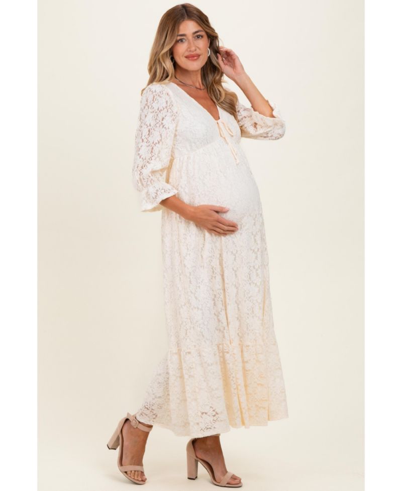 Women's Ivory Floral Lace 3/4 Ruffle Sleeve V-Neck Maxi Dress