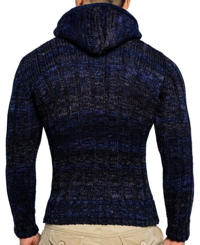 Men's Knit Zip-up Jacket With Geometric Patterns and Leather Accents