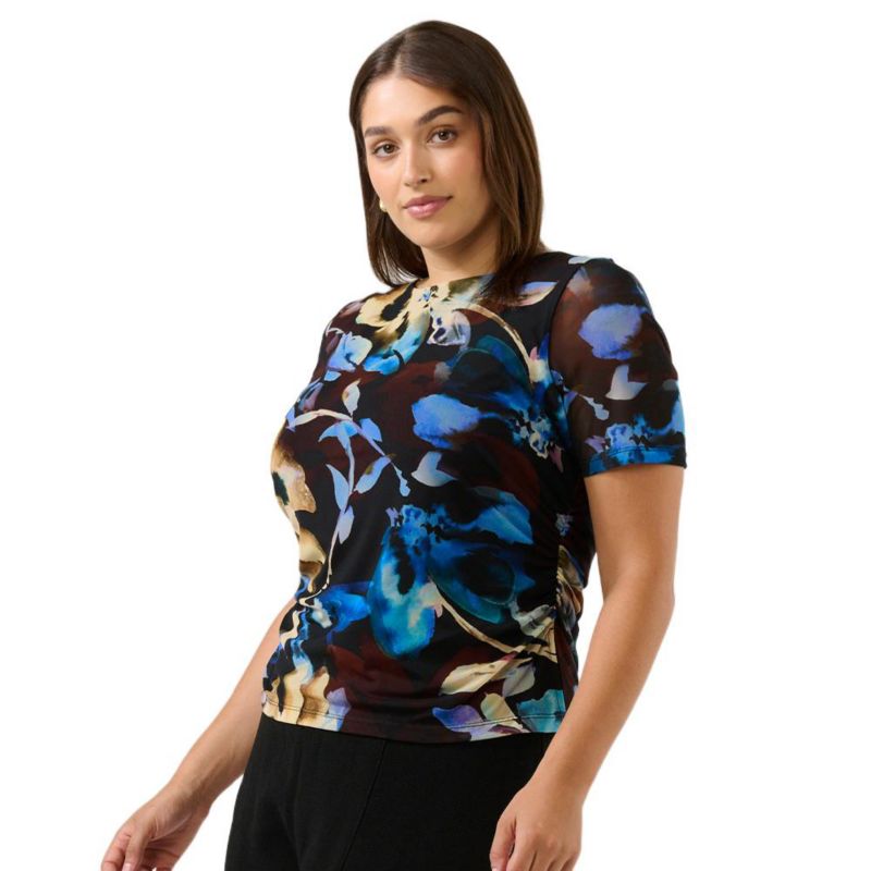 Plus Size Cleo Floral Mesh Ruched Short Sleeve Top