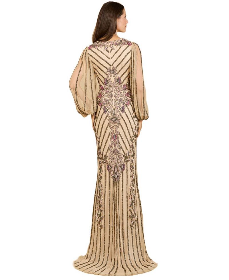 Women's Long Flutter Sleeves Beaded Dress