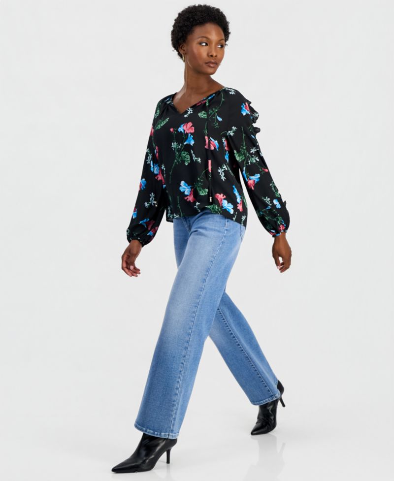 Women's Petite Ruffle Floral-Print Long-Sleeve Blouse
