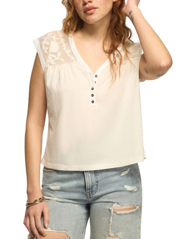 Women's V-Neck Mesh Embroidered Yoke T-Shirt