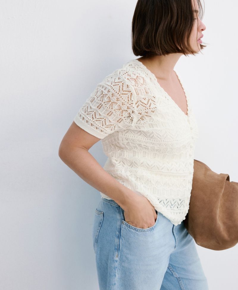 Women's Short-Sleeve Open-Knit Cardigan Sweater