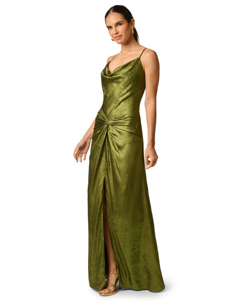 Women's Cowl Neck Foiled Chiffon Maxi Front Slit Dress
