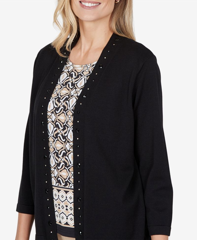 Petite Shawl-Collar Embellished 3/4-Sleeve Cardigan Sweater
