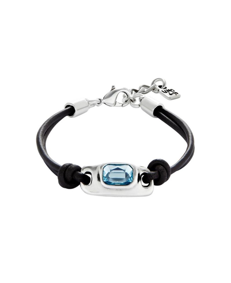 Leather and Metal Alloy Bracelet, plated in Sterling Silver, with Blue Faceted Glass