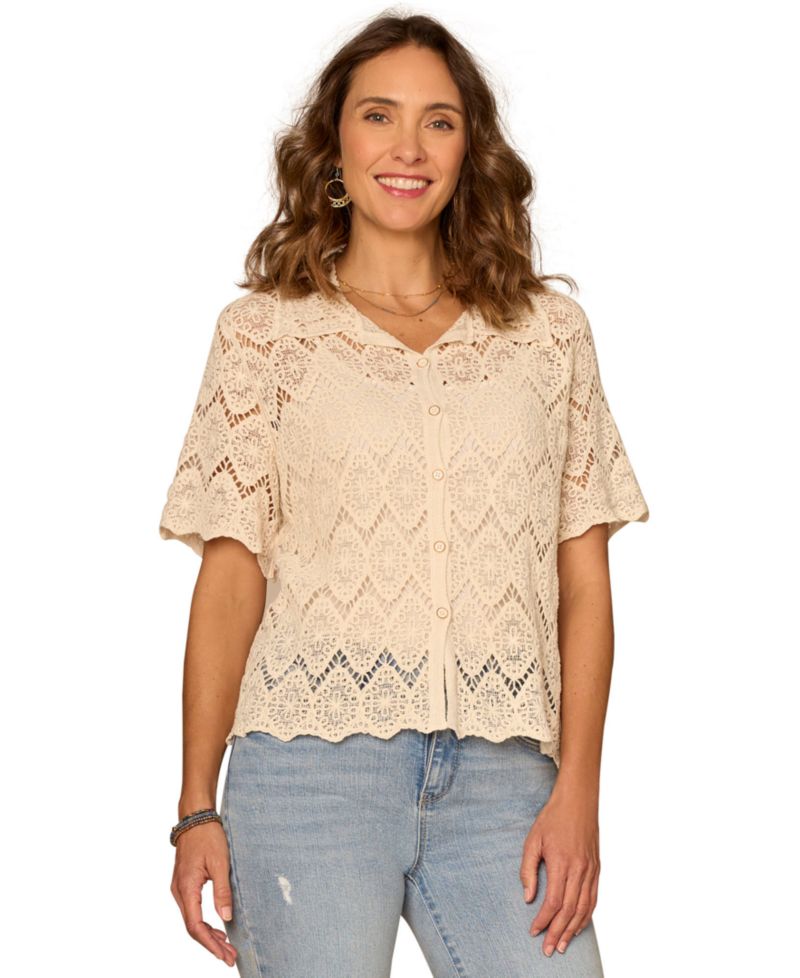 Petite Collared Short-Sleeve Crochet Top