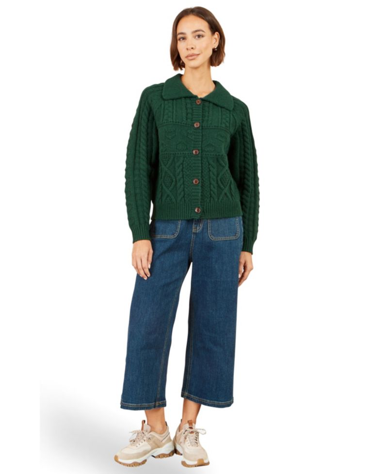 Women's Collard Cable Knit Boxy Cardigan