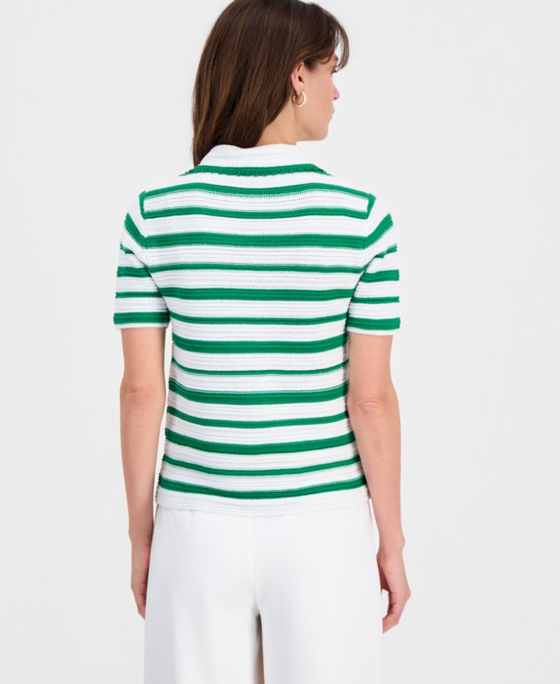 Women's Striped Split-Neck Collared Top