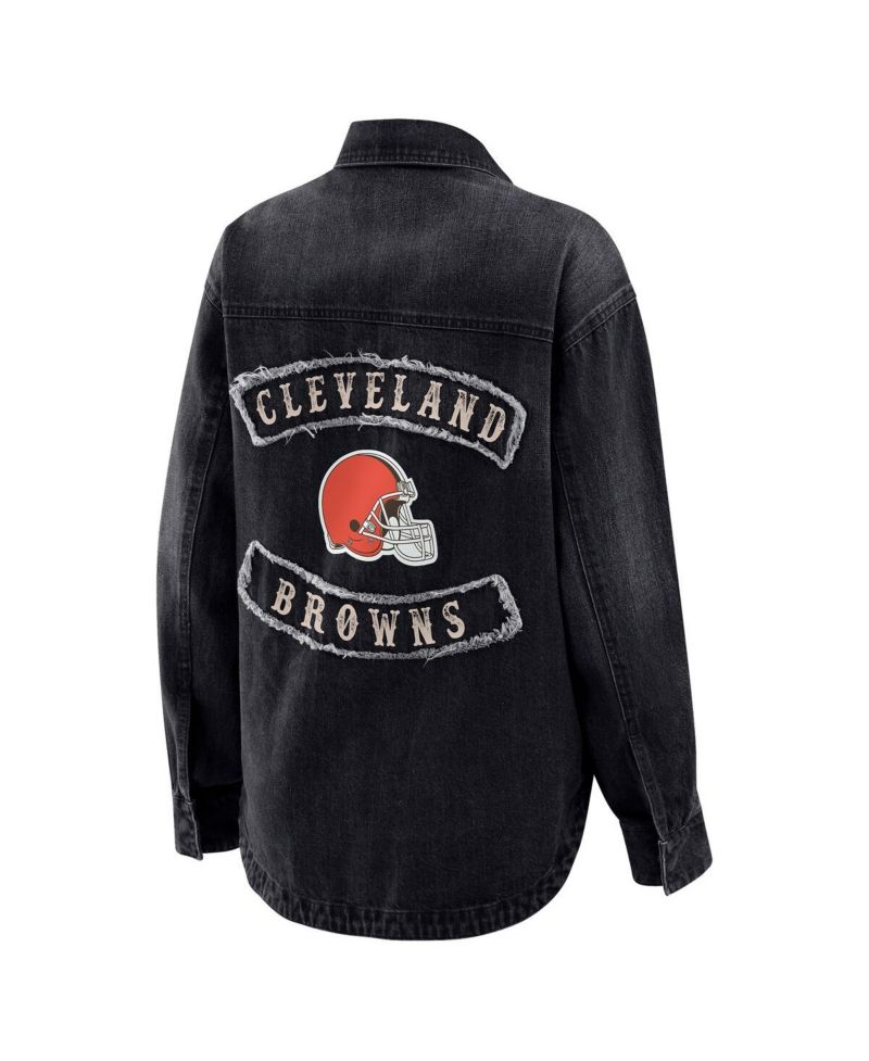 Women's Black Cleveland Browns Washed Oversized Denim Full-Snap Shacket