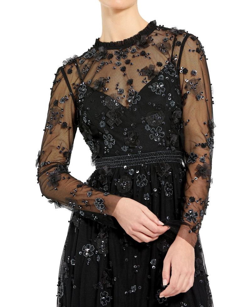 Women's Sheer Long Sleeve Embellished Midi Dress