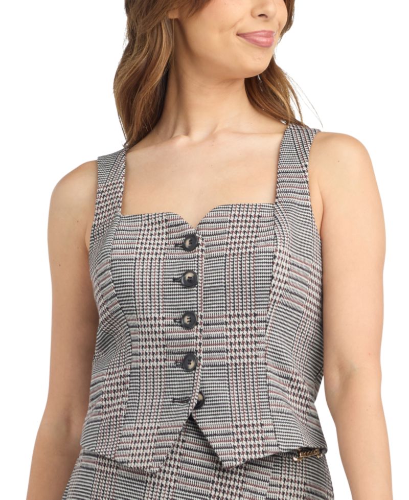 Juniors' Double-Knit Plaid Square-Neck Vest