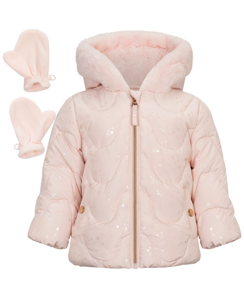 Baby Girls' Foil-Print Quilted Puffer Jacket and Mittens, 2-Piece Set
