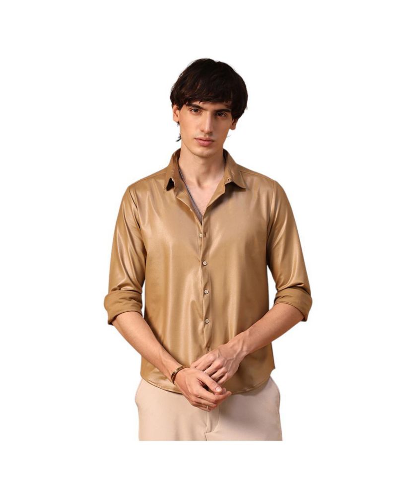 Men's Camel Brown Solid Suede Shirt