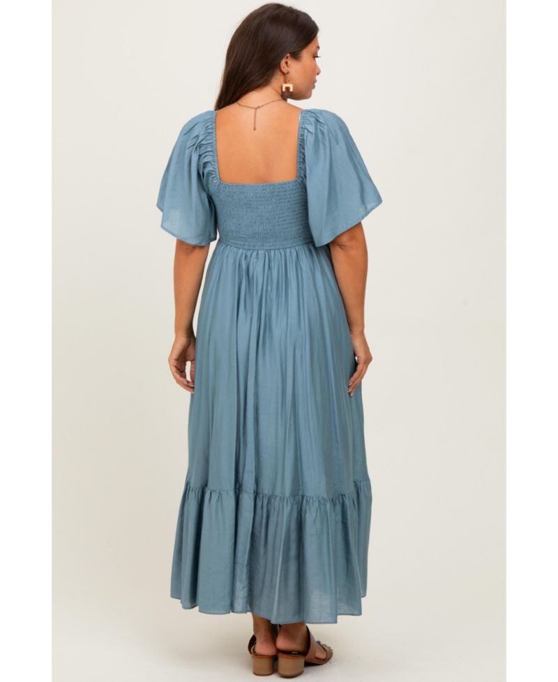 Women's Blue Flutter Sleeve Ruffle Hem Midi Dress