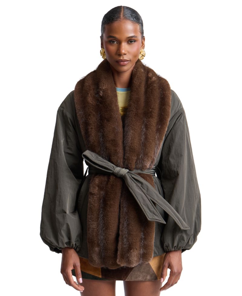Women's Belted Faux-Fur-Trim Shawl Collar Puffer Jacket