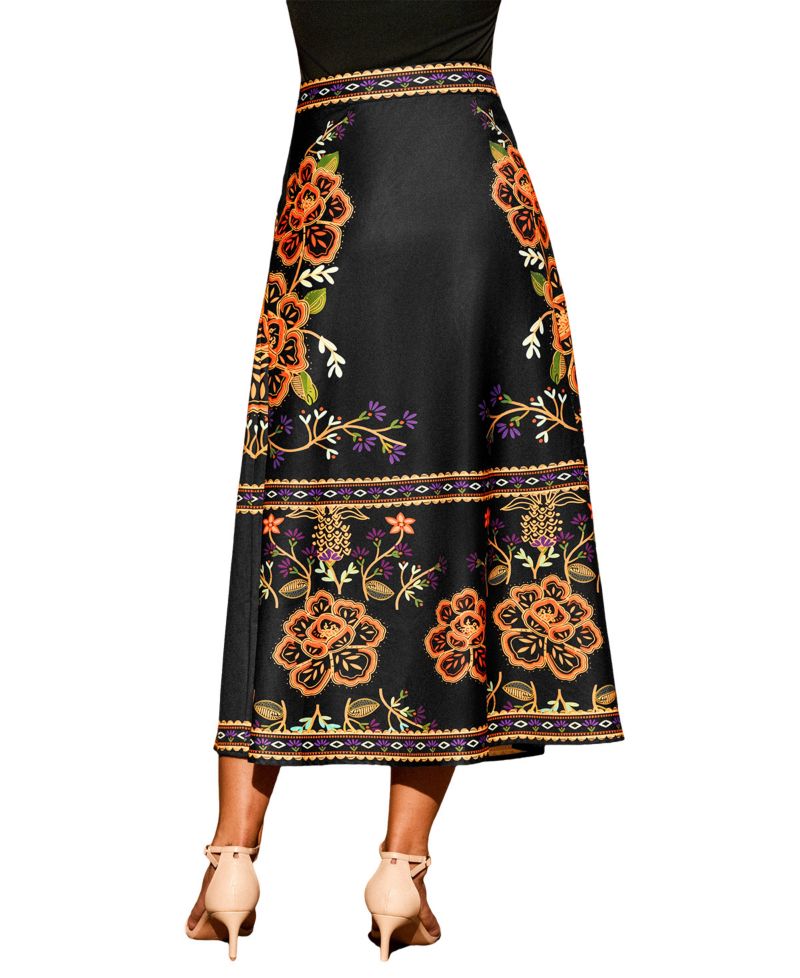 Women's Floral Border Print A-Line Midi Skirt