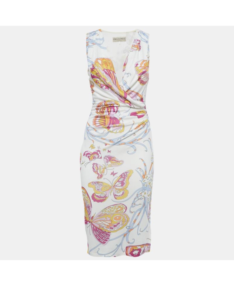 Women's White Printed Jersey Draped Sleeveless Midi Dress