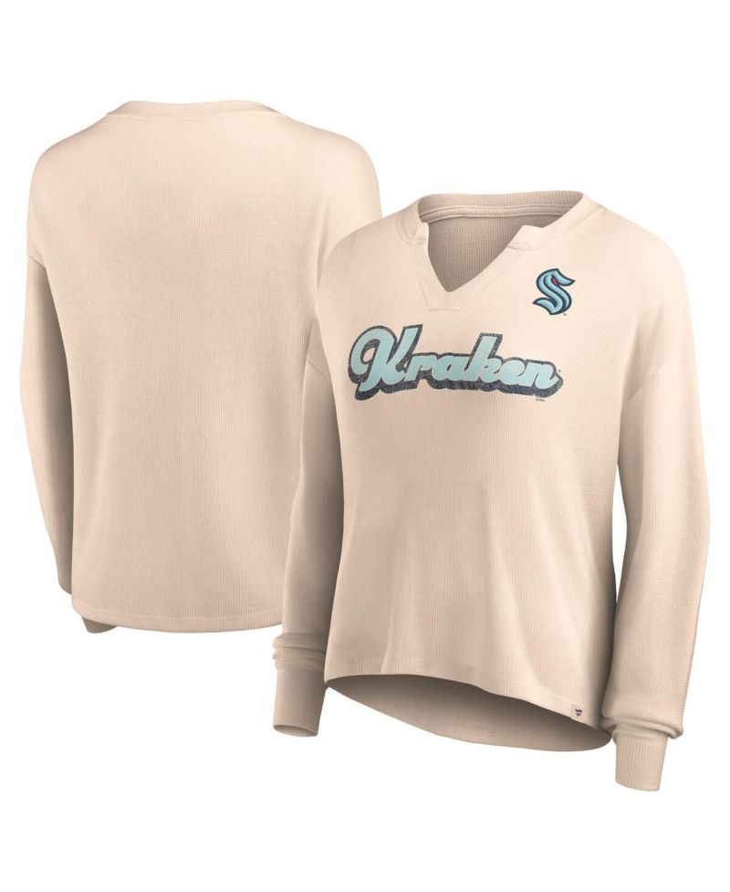Women's Oatmeal Distressed Seattle Kraken Go For It Notch Neck Waffle Knit Long Sleeve T-shirt