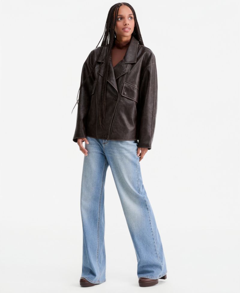 Women's Asymmetric-Button-Front Faux-Leather Coat