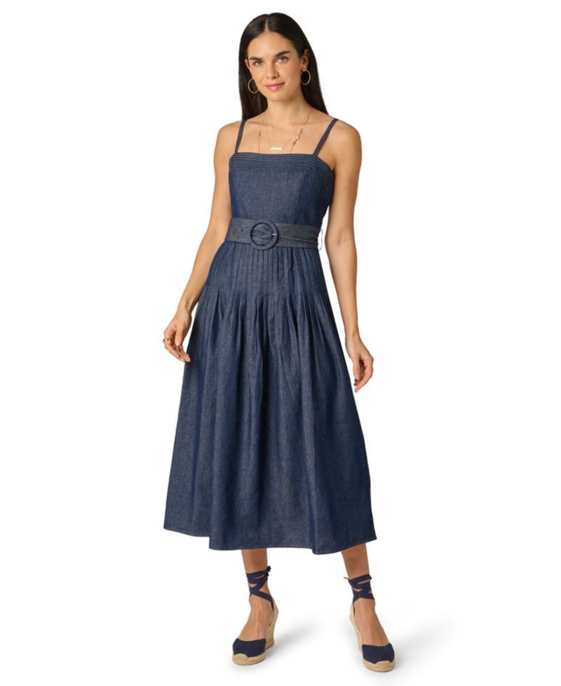 Women's Pintucked Square Neck Cotton Denim Midi Dress
